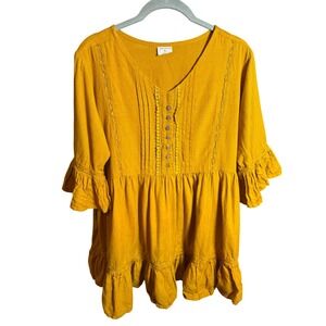 Janasya Mustard Yellow Cotton Linen Tunic Top Boho Lace Ruffle Peplum XL